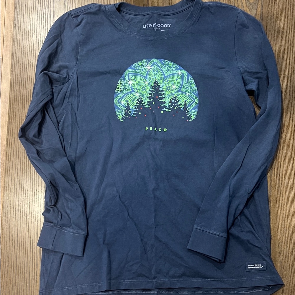 Life Is Good Navy Shirt with Green and Blue Tree Design